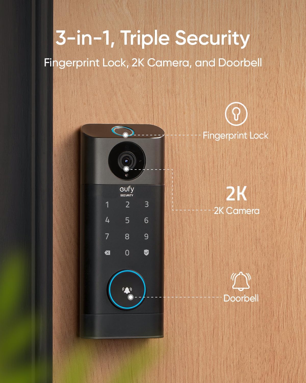 eufy Security Video Smart Lock S330,Doorbell Camera with Chime, 3-in-1 Camera+Doorbell+Fingerprint Keyless Entry Door Lock,BHMA, WiFi Door Lock,App Remote Control,2K HD,No Monthly Fee,SD Card Required
