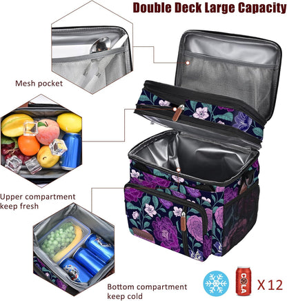 Lunch Bag for Women Men Double Deck Lunch Box - Leakproof Insulated Soft Large Lunch Cooler Bag, MIYCOO (Black,15L)