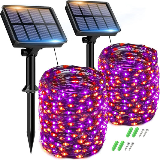btfarm 2 Pack Solar Halloween Lights, Total 300LED 110FT Orange Purple Solar String Lights Outdoor Waterproof, 8 Modes Fairy Twinkle Lights Outdoor for Tree Yard Garden Party Halloween Decorations