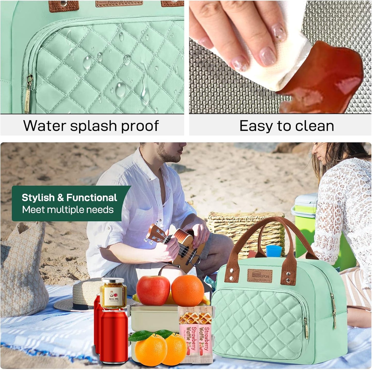 HOMESPON Lunch Bag for Woman Man Adults with Front Pocket Insulated Lunch Tote Lunch Box Container for Work Picnic or Travel(Black)