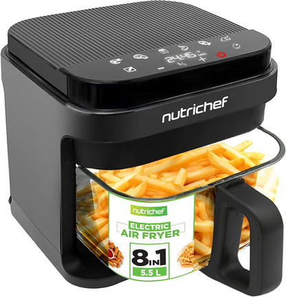 Nutrichef 5.8 Quart Air Fryer | 8-1 Preset Cook Modes | Transparent Fry Bowl for Best Cooking Results | Cook Shrimp, Steak, Fries, Wings, Chicken & More | Precise Temperature Control & Time | Black