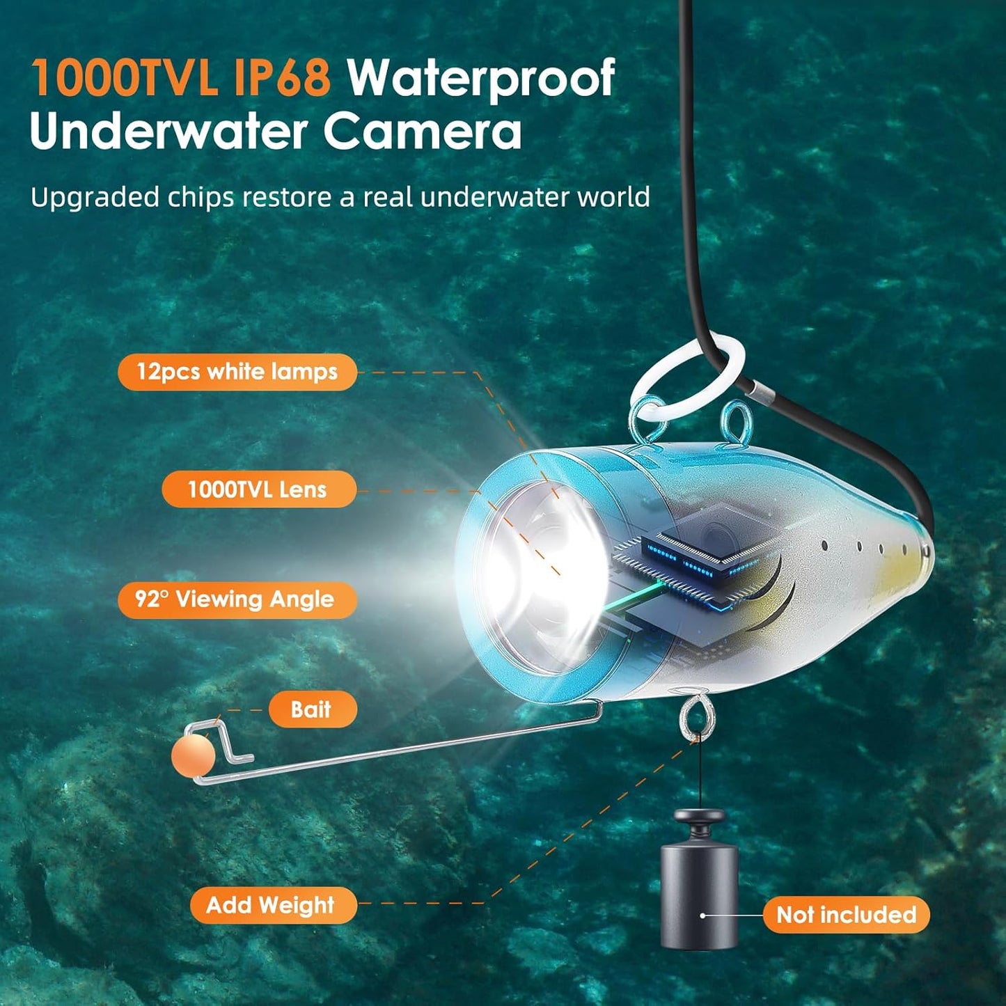 Eyoyo Underwater Fishing Camera Video Fish Finder - 7" Monitor, 1000TVL Camera With 12 White Lights, 30m Cable for Sea/River/Ice Fishing