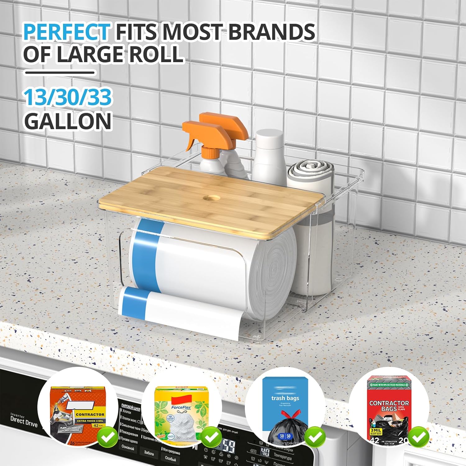 Clear Trash Bag Dispenser with Bamboo Lid and Sliding Drawer – Large Capacity Garbage Bag Holder for Kitchen, Under Sink, Laundry Room Organization - PuriLite