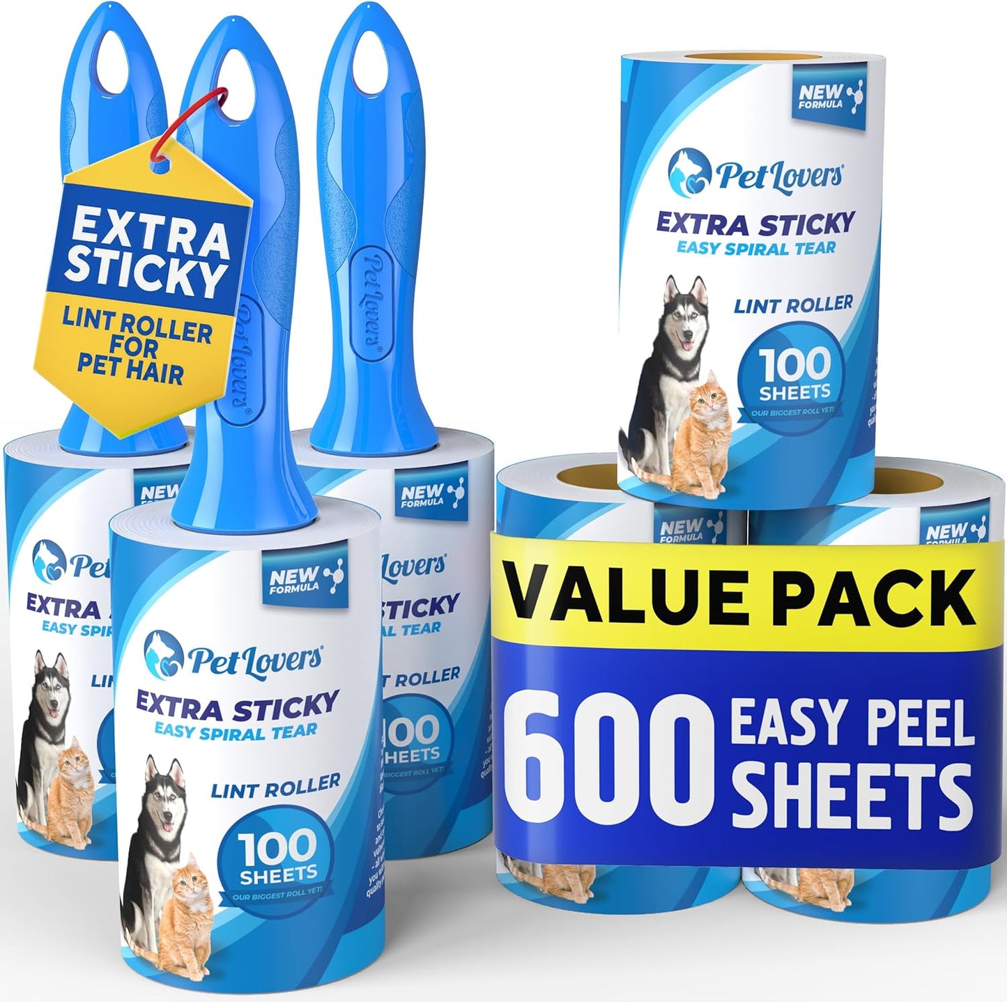 PetLovers Extra Sticky Lint Roller Mega Value Set for Pet Hair Removal, Dog and Cat Lint Remover (1 Pack Reusable)
