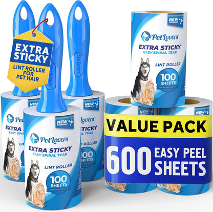 PetLovers Extra Sticky Lint Roller Mega Value Set for Pet Hair Removal, Dog and Cat Lint Remover (1 Pack Reusable)