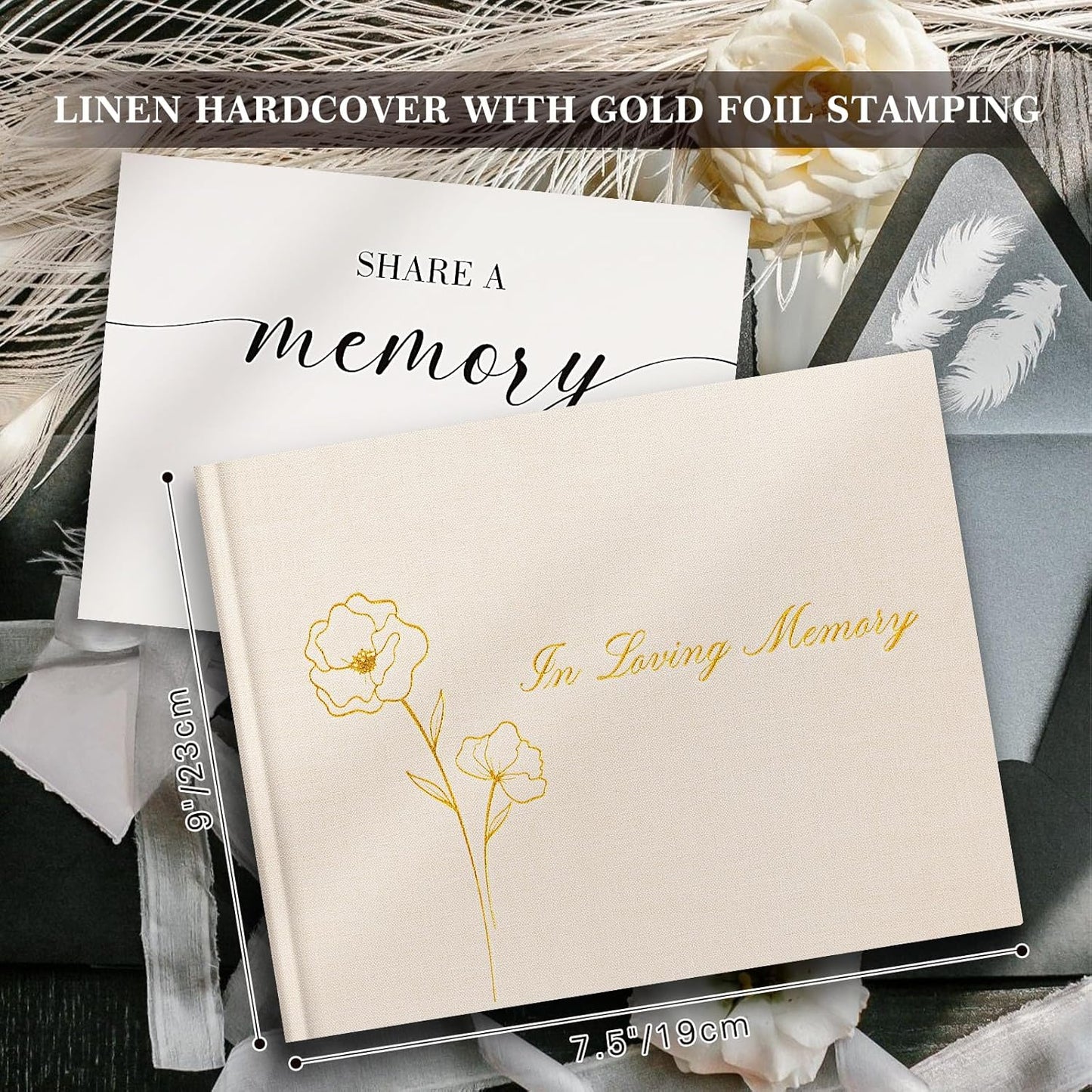 Lanpn Funeral Guest Book for Loving Memory, Linen Memorial Service Registry Guest Book, Funeral Favors Sign in Books for Guests, Celebration of Life Memory Book for Funeral with Table Sign, Beige