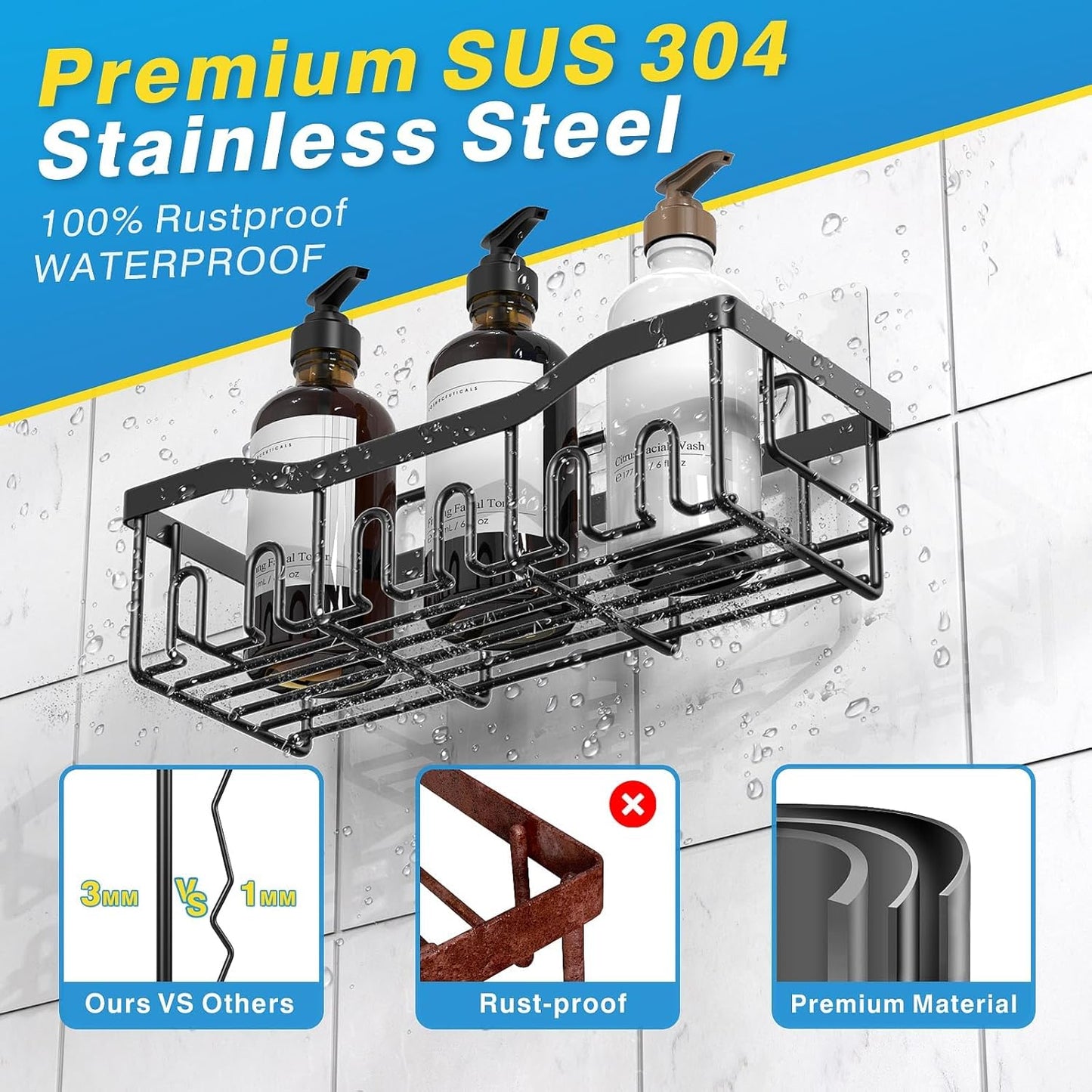 EUDELE 5-Pack Rustproof Stainless Steel Shower Caddy – No Drill Adhesive Bathroom Organizer with Large Capacity, Spacious Shower Shelves for Inside Shower, Kitchen & Home Decor Storage