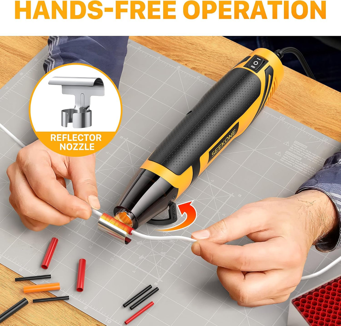 SEEKONE Mini Heat Gun, 350W 2-Temp Settings 260℃& 450℃（500℉ & 842℉） Fast Heat Hot Air Gun Tool with Reflector Nozzle and 4.9Ft Long Cable Overheat Protection for Crafting, Vinyl Wrap and Shrink Tubing