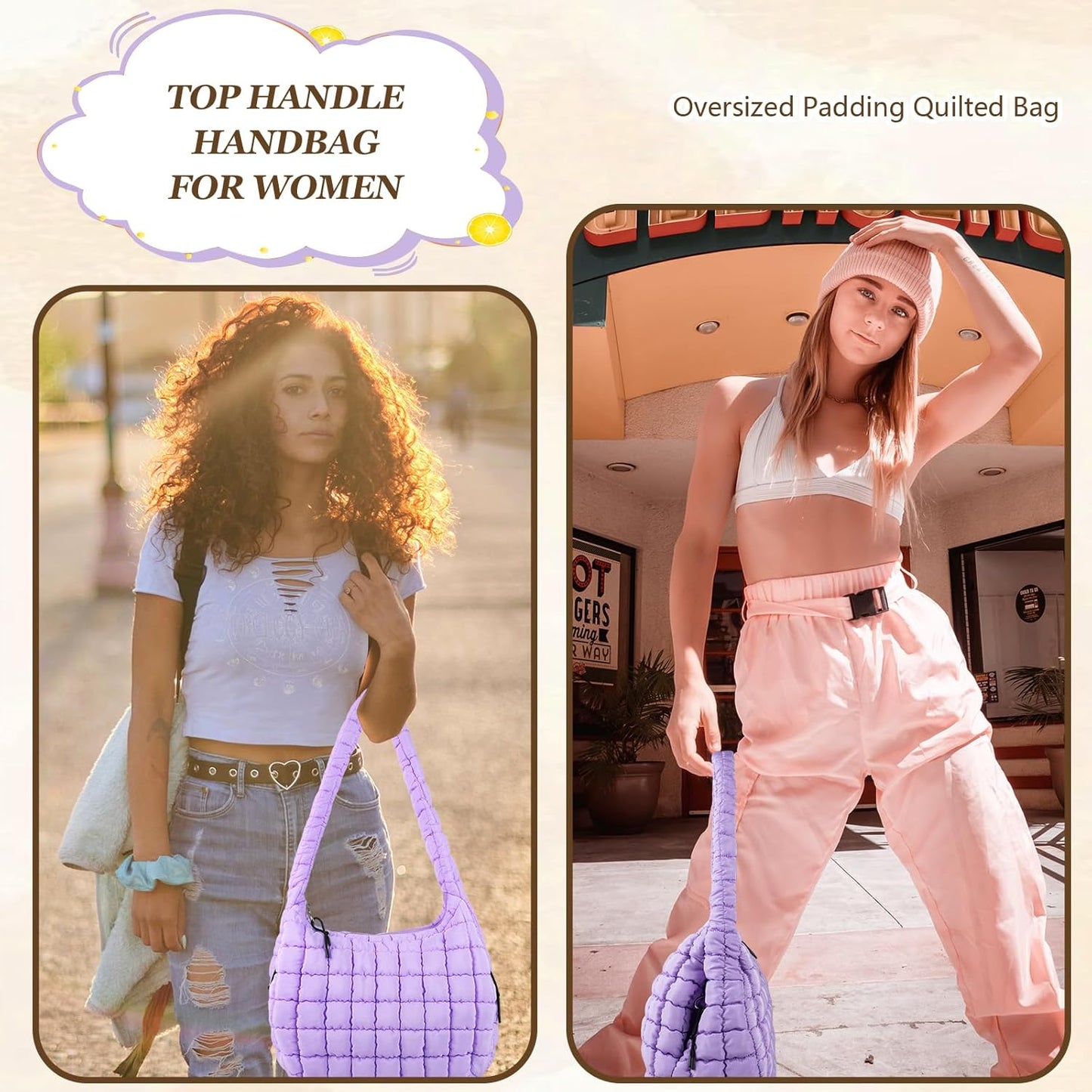 Quilted Puffer Tote Bag Large Crossbody Shoulder Bag with Zipper, Nylon Hobo Oversized Handbag