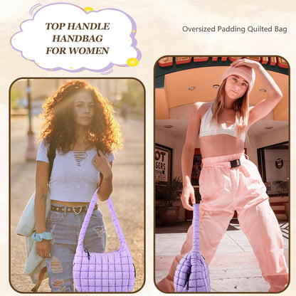 Quilted Puffer Tote Bag Large Crossbody Shoulder Bag with Zipper, Nylon Hobo Oversized Handbag
