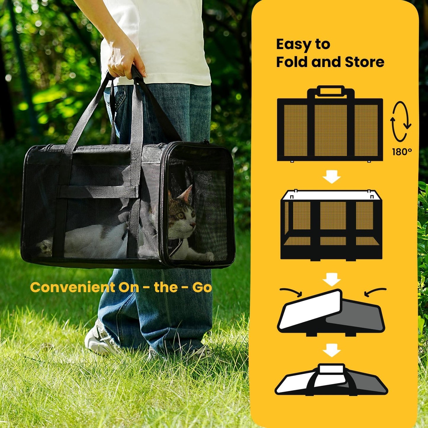 Conlun Cat Carrier Bag,Soft-Sided Pet Carriers for Dogs with 4-Sided Mesh,Airline Approved Cat Transport Carrier for Small&Medium Cats Kitten Puppy Up to 6Kg,Collapsible Cat Travel Carrier-M,Black