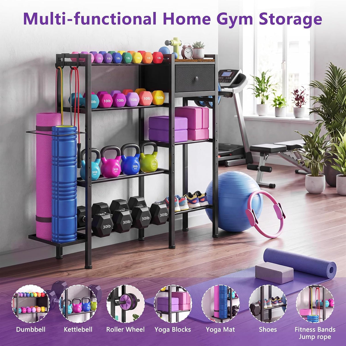 ikkle Home Gym Storage Rack, Adjustable Dumbbell Weight Rack with Drawer