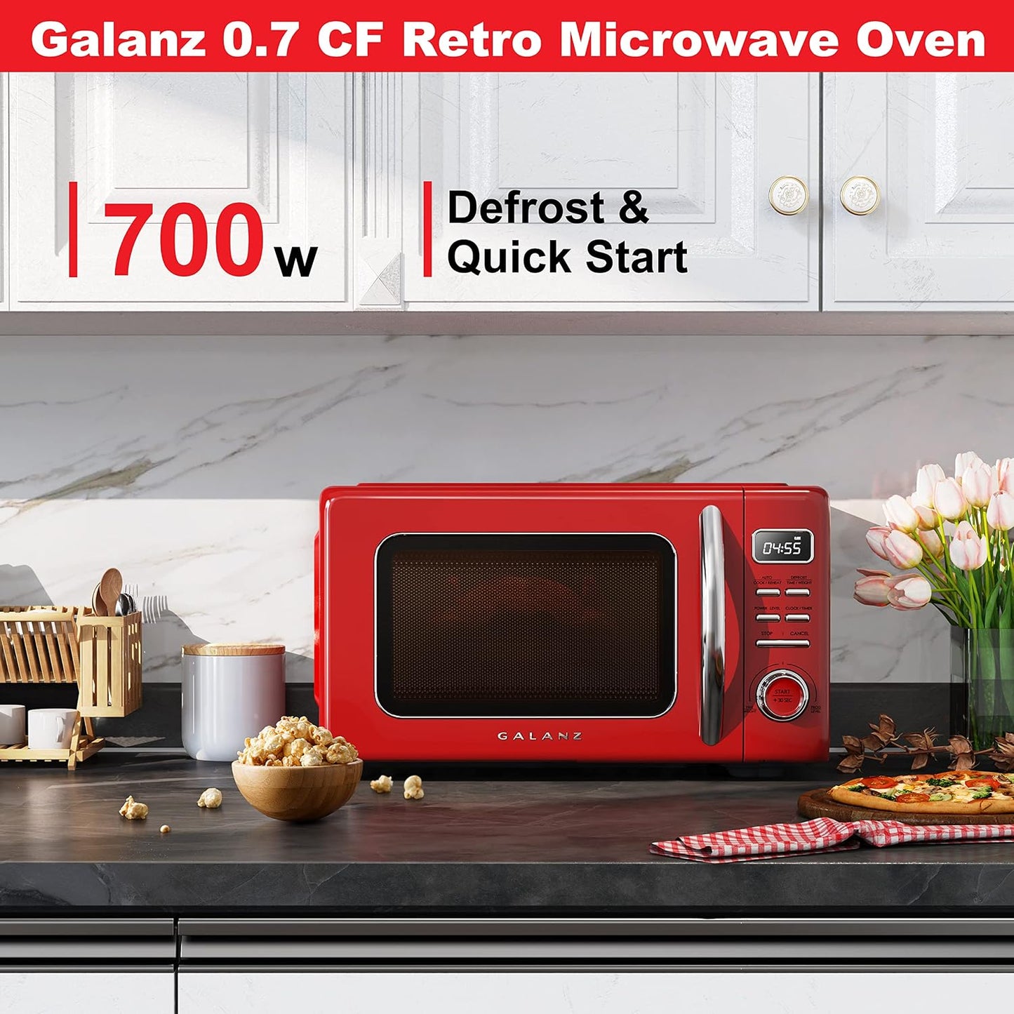 Galanz GLCMKZ07RDR07 Retro Countertop Microwave Oven with Auto Cook & Reheat, Defrost, Quick Start Functions, Easy Clean with Glass Turntable, Pull Handle,0.7 cu ft, Red