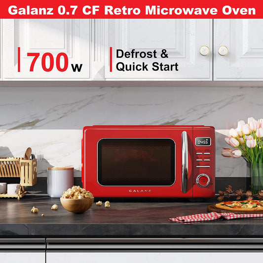 Galanz GLCMKZ07RDR07 Retro Countertop Microwave Oven with Auto Cook & Reheat, Defrost, Quick Start Functions, Easy Clean with Glass Turntable, Pull Handle,0.7 cu ft, Red