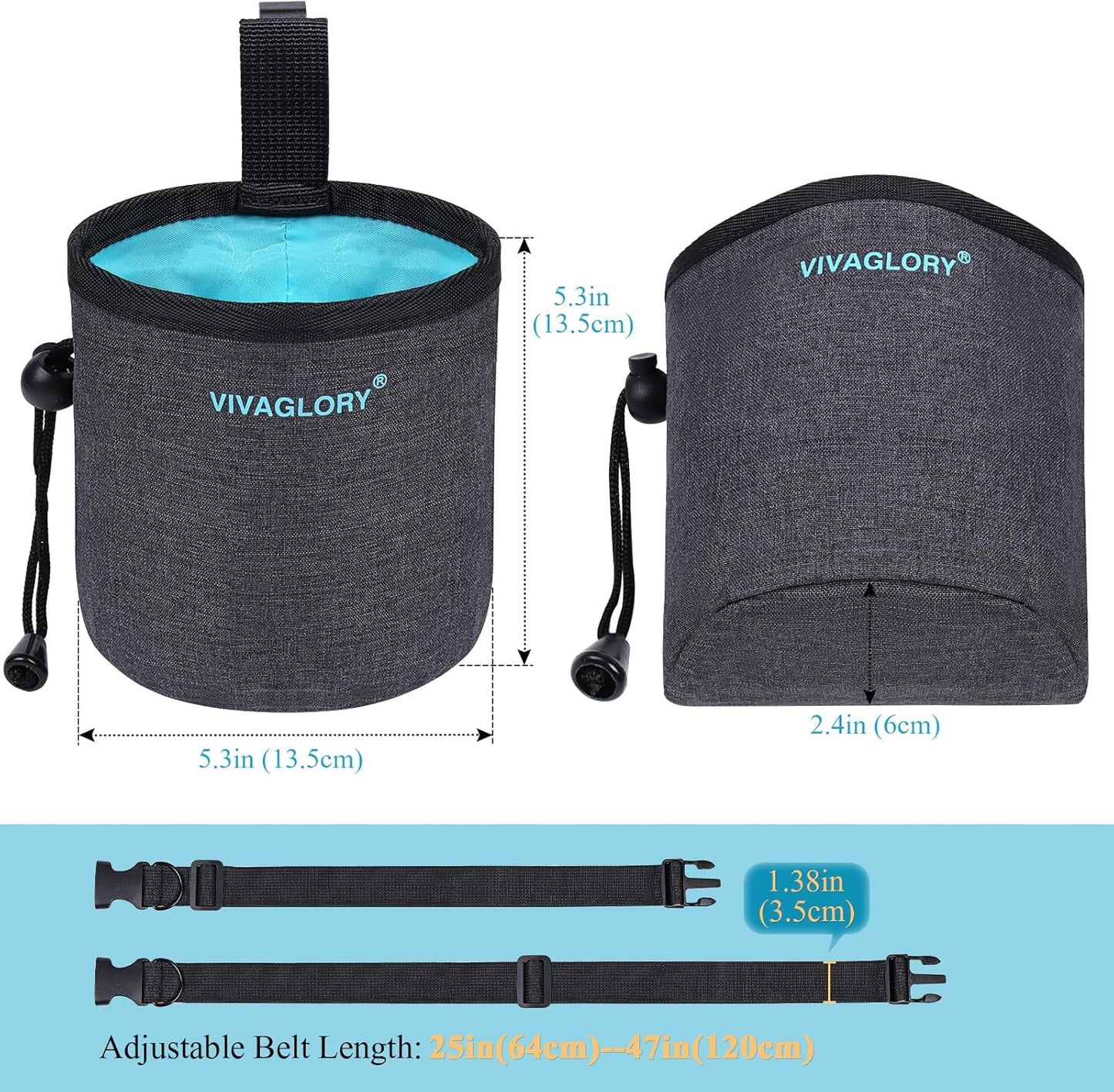 VIVAGLORY Dog Treat Bags, Puppy Pet Dog Training Treats Pouch Hands-Free 2 Ways to Wear with Adjustable Waistband and Built-in Dog Waste Bag Dispenser, Heather Black