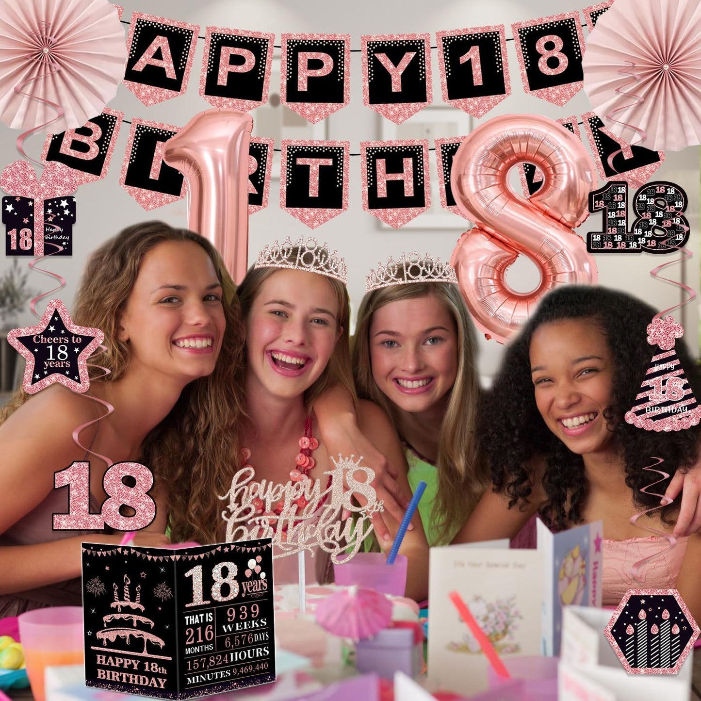 40th Birthday Decorations for Women,32pcs 40th Birthday Party Decorations,Including Backdrop, Crown,Sash,banner, Hanging Swirl,Cake Topper,balloons,Paper Fans,Anniversary Card and paper fans