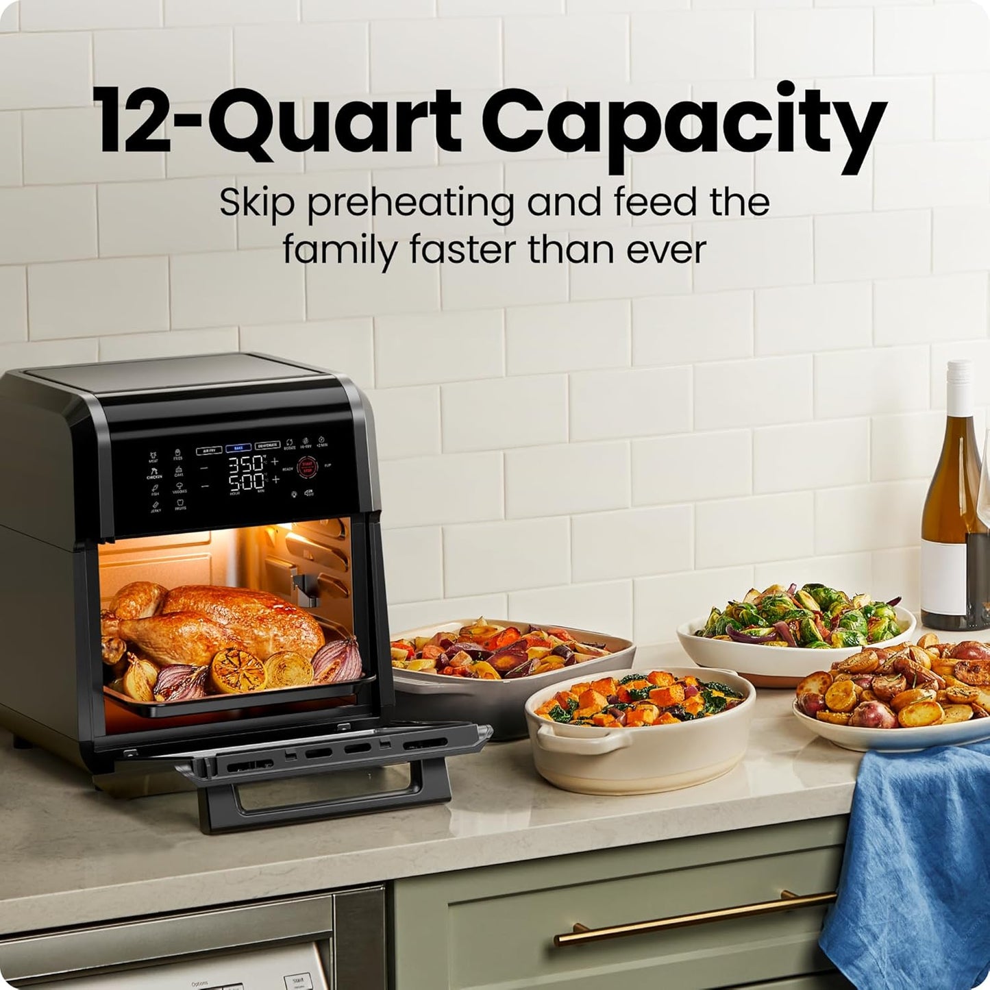 Chefman 12-Quart 6-in-1 Rotisserie Air Fryer Oven & Dehydrator, 12 Presets, Touchscreen, Family Size, Dishwasher-Safe Parts, Black