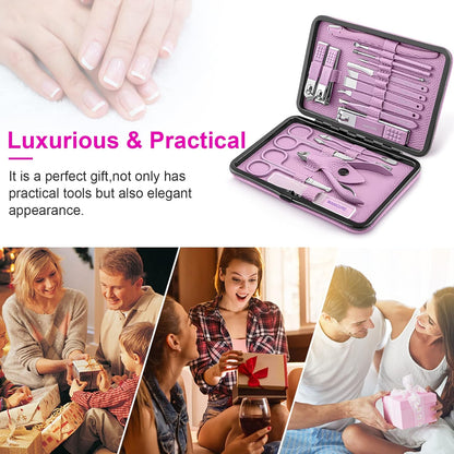 Manicure Set Professional Pedicure Kit Nail Clippers Kit - 18 Pcs Nail Care Tools - Grooming Kit with Luxurious Upgraded Travel Case (Blue)