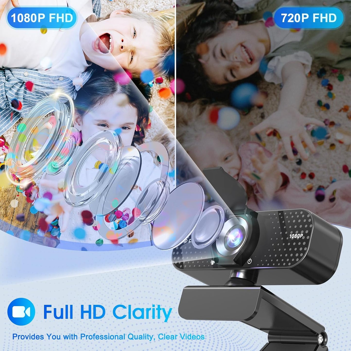 1080P Full HD Webcam with Auto Light Correction, Noise-Canceling Mic, Privacy Cover and Wide Angle Lens, Plug & Play USB Camera for Desktop/Laptop/Mac/PC, Compatible with Teams/Zoom/Skype/Streaming