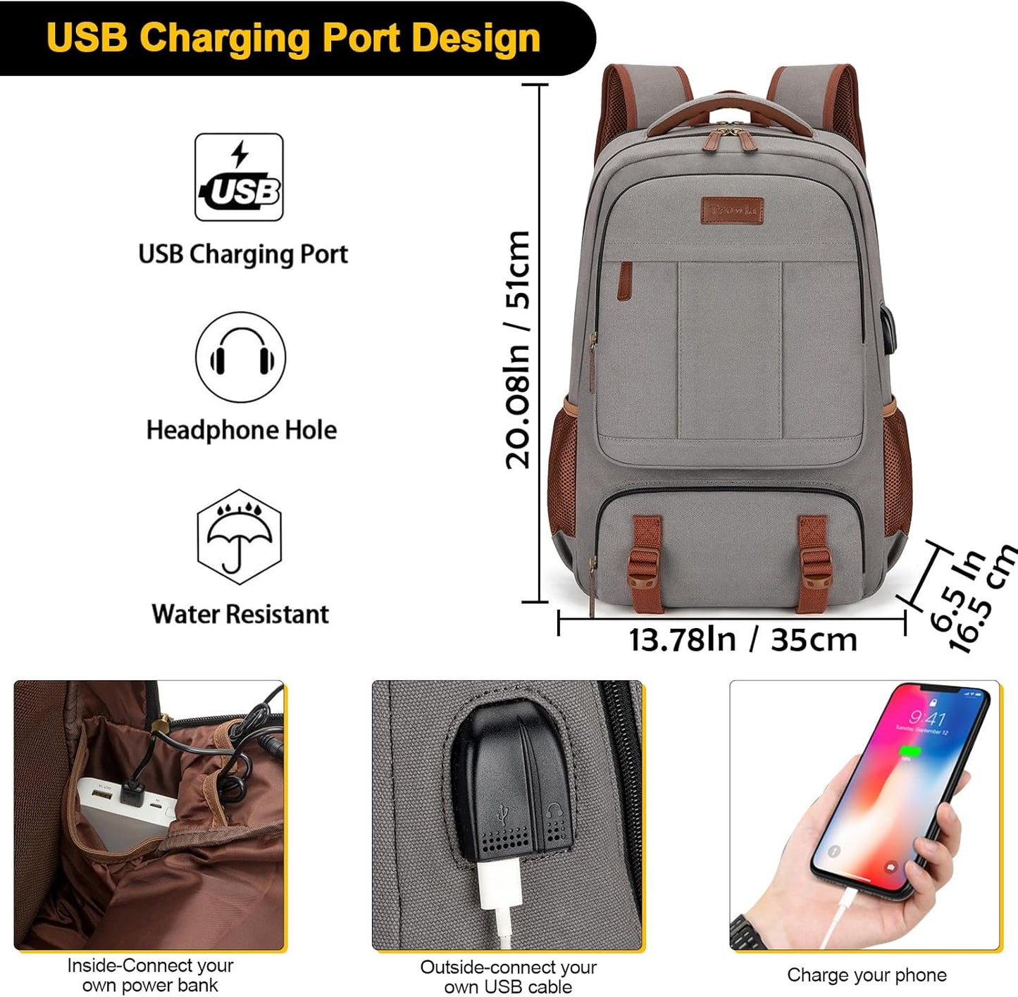 Tzowla Canvas Laptop Backpack Men,Bag for Women,School Travel College Work Rucksack Fits 15.6 Inch Laptop,Bookbag with USB Charging Port,Dark Grey