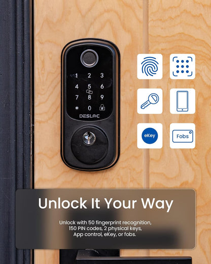 DESLOC B200 Fingerprint Smart Door Lock, Keyless Entry Door Lock, App Control, Easy Installation, Front Door Smart Deadbolt Lock, Touchscreen Keypad, Emergency Power Port, 12 Months Battery, IP54