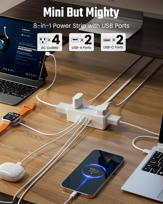6 Ft Flat Plug Extension Cord with Multiple Outlets, SUPERDANNY Surge Protector Power Bar with 4 Outlets & 4 USB Ports (2 USB C), Small Outlet Extender for Home, Office Supplies, Dorm, Travel, White