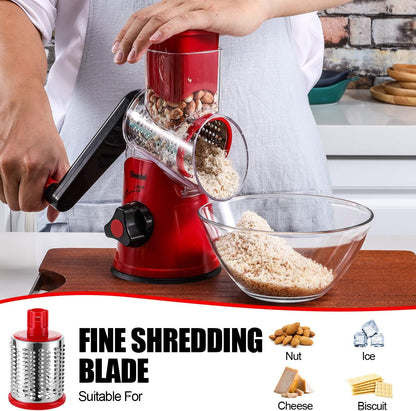 Geedel Kitchen Cheese Grater, Rotary Mandoline Vegetable Slicer with Interchangeable Blades, Easy to Use Rotary Grater Slicer for Fruit, Vegetables, Nuts