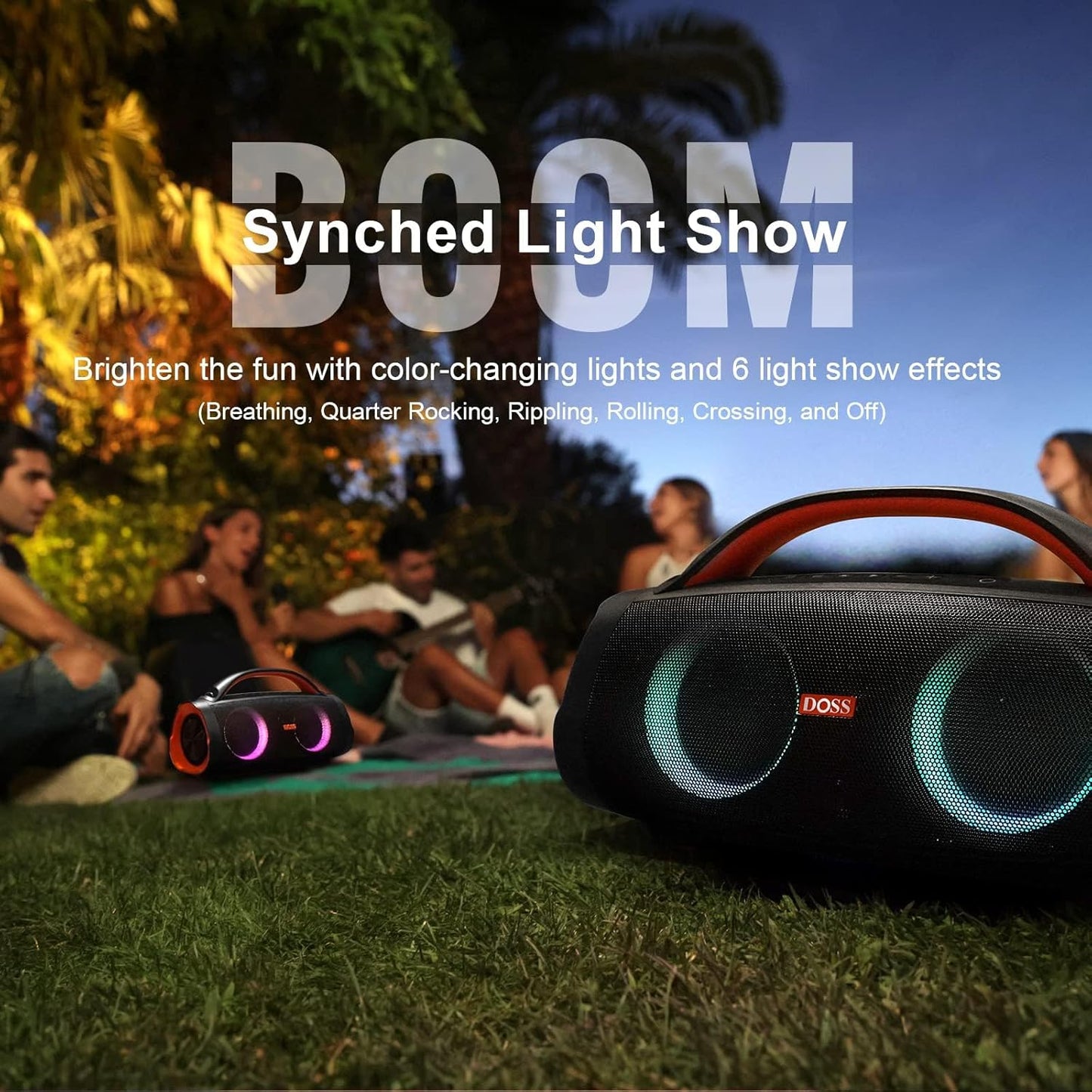 DOSS Extreme Boom Pro Bluetooth Speaker with 100W Stereo Sound, Rich Bass, 20H Playtime, Mixed Color Light, IPX6 Waterproof Haut parleur for Camping, Beach, Outdoor-Orange