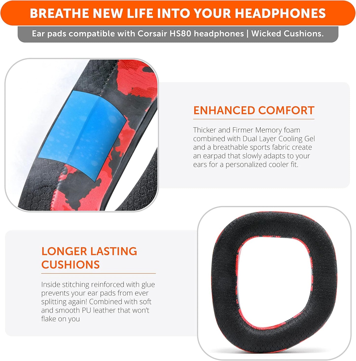 WC Freeze HS80 - Cooling Gel Earpads for Corsair HS80 RGB Wireless, Wired, & HS80 Max by Wicked Cushions - Elevate Comfort, Thickness & Sound Isolation for Epic Gaming Sessions | Black