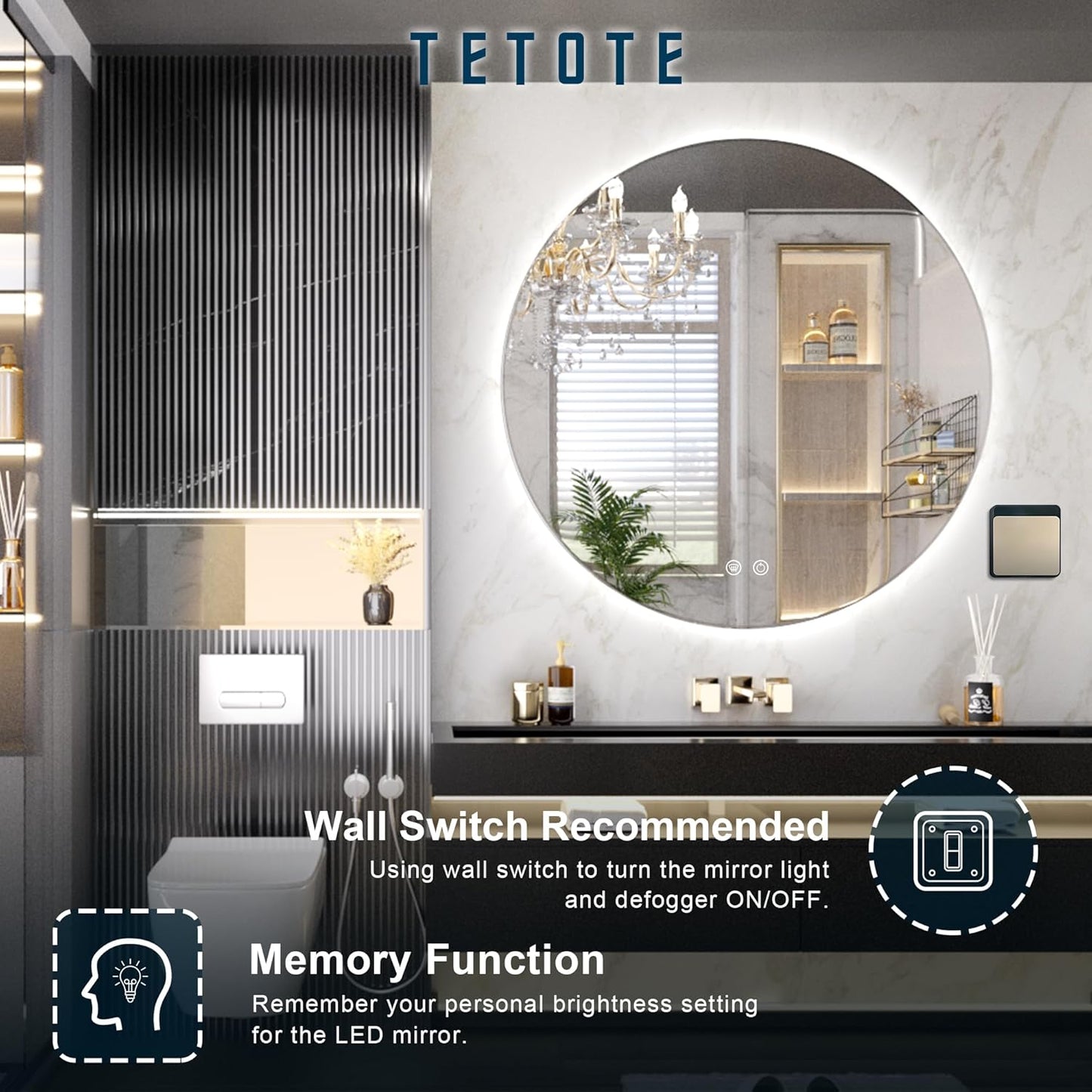 TETOTE 28 Inch Round LED Bathroom Vanity Mirror, Anti-Fog Dimmable Lights IP54 Waterproof Circle Makeup Wall Mounted Mirror