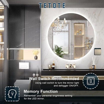 TETOTE 28 Inch Round LED Bathroom Vanity Mirror, Anti-Fog Dimmable Lights IP54 Waterproof Circle Makeup Wall Mounted Mirror