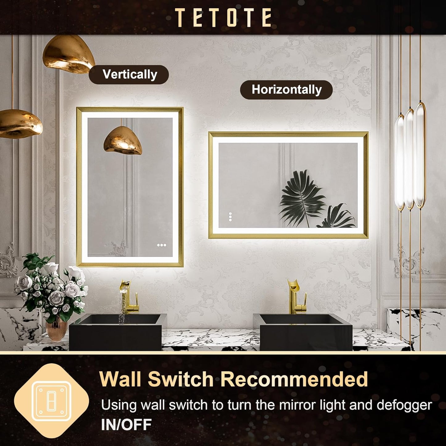 TETOTE 28x36 LED Mirror for Bathroom Black Metal Frame Frontlit & Backlit Lighted Vanity Mirror Baroque Gothic Anti Fog Stepless Dimmable White/Warm/Natural,Wall Mounted(Horizontal/Vertical)