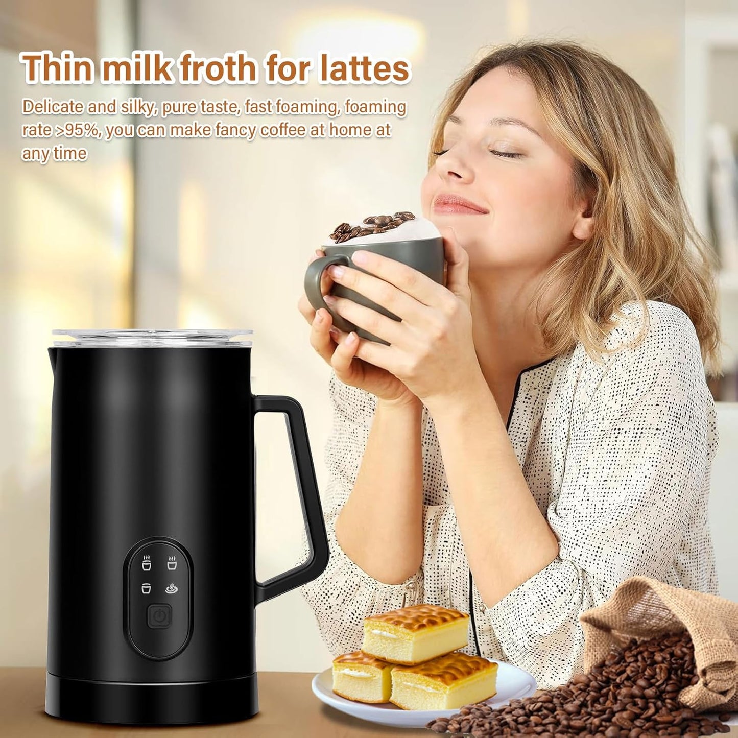 BEAUGIREW 4 in 1 Milk Frother Electric Milk Frother and Steamer with Hot and Cold 350 ml/11.8 oz Coffee Frother Automatic Foam Maker with Cleaning Brush for Latte Cappuccino Macchiato Hot Chocolate