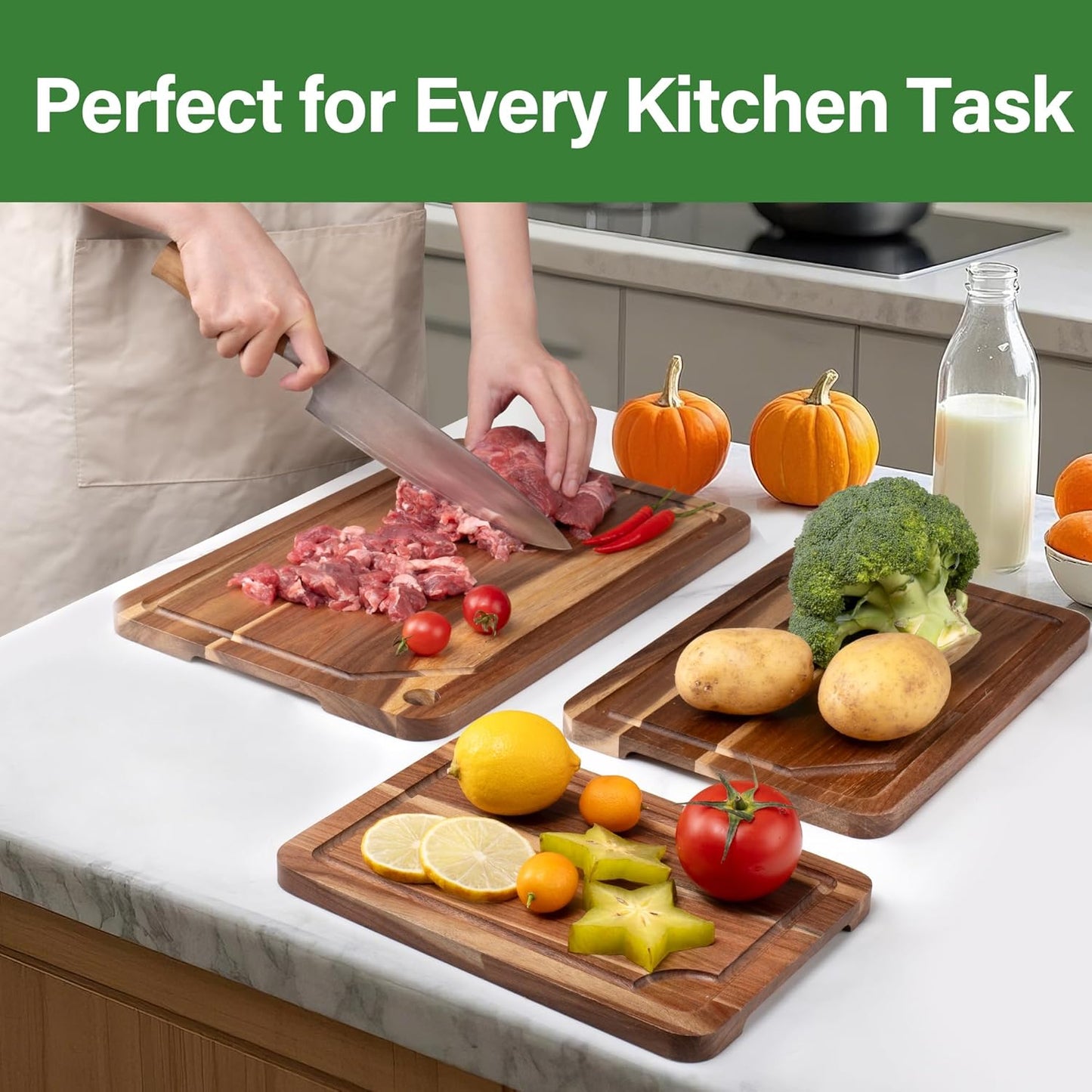 Bamboo Cutting Board for Kitchen, Bamboo Cutting Board Set of 3 with Juice Groove, Double-Sided Chopping Board Serving Board with Hanging Hole for Meat, Vegetables and Cheese