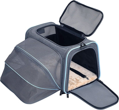 Petsfit Expandable Cat Dog Carrier Airline Approved, 17" L x 11" W x 11" H Soft-Sided Portable Pet Travel Carrier for Kitten, Puppy, Removable Soft Plush Mat and Pockets, Auto-Locking Zippers