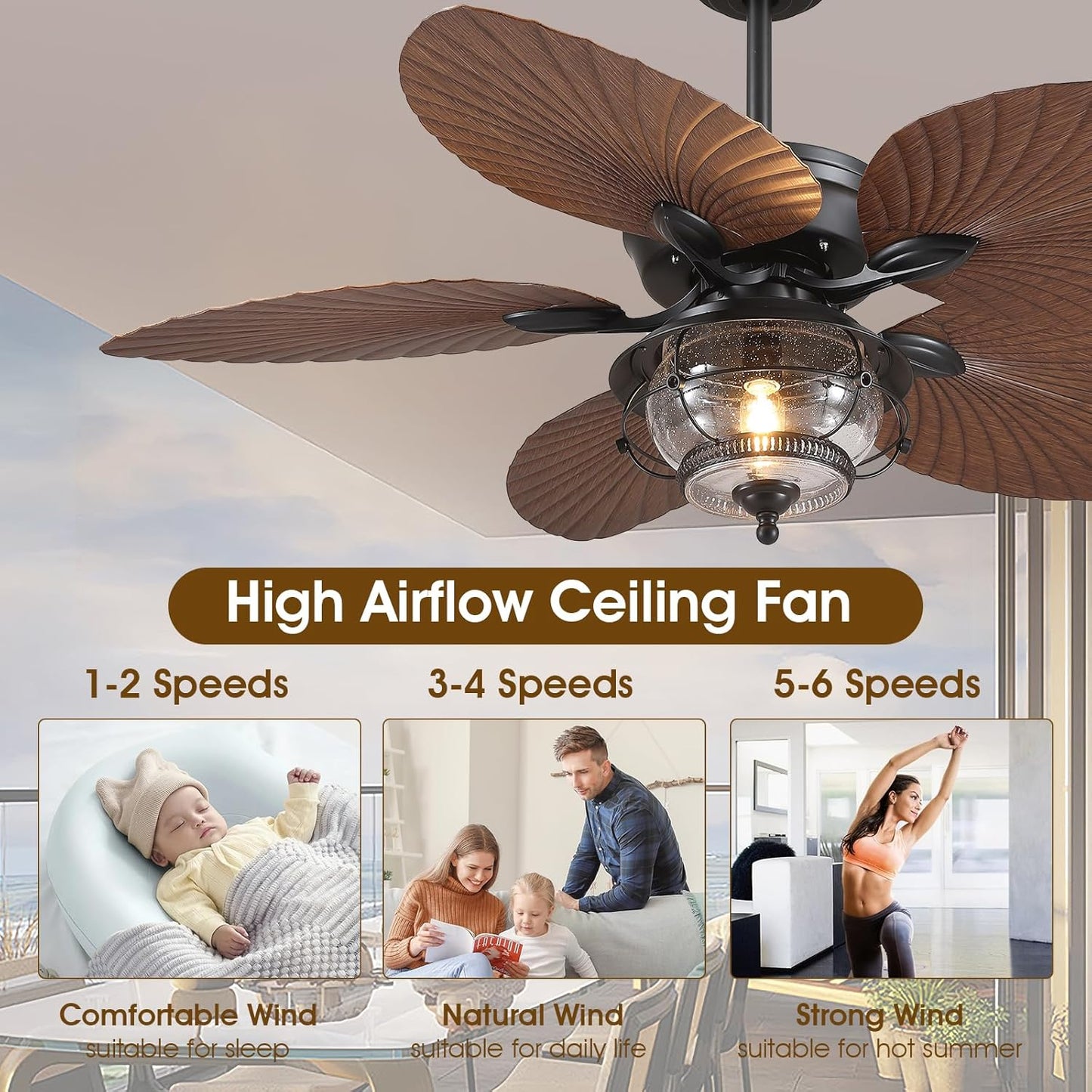 Wiviniya Ceiling Fans with Lights and Remote/APP Control, 44 Inch Tropical Palm Leaf Ceiling Fan with LED Lights, Outdoor Ceiling Fans for Patios Porch, Reversible Quiet Motor, Dimmable, Light Brown