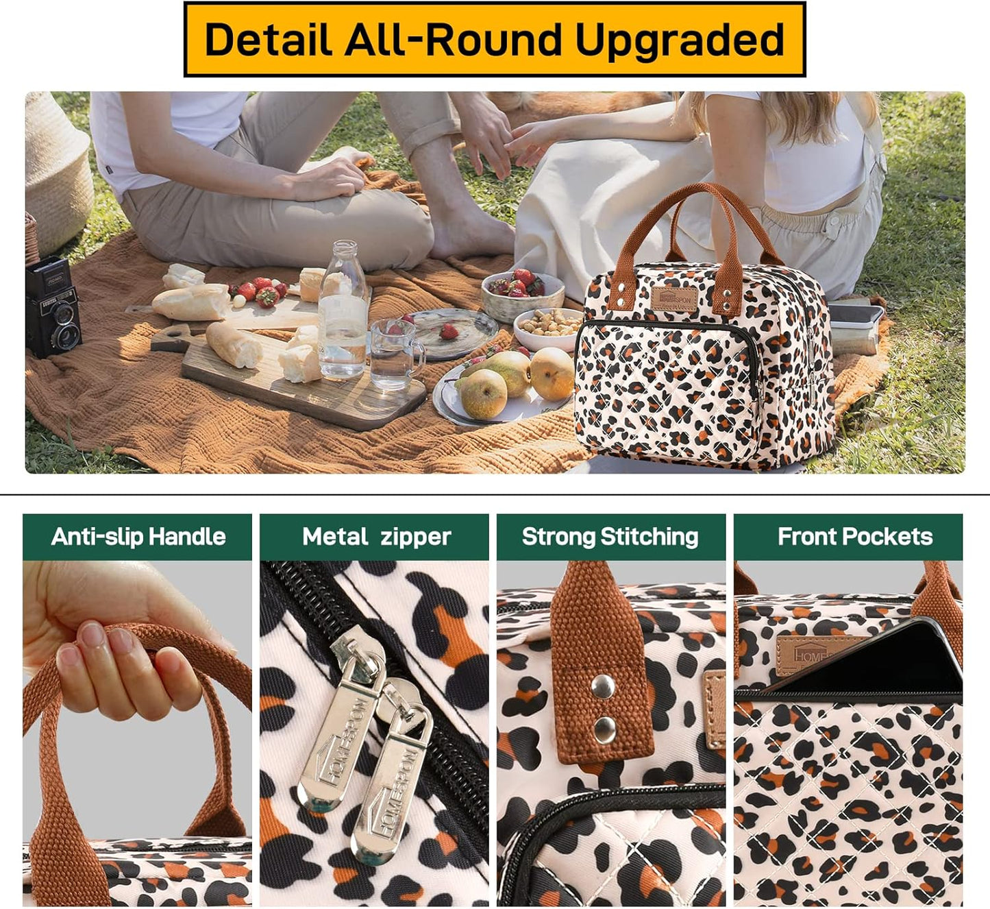 HOMESPON Lunch Bag for Woman Man Adults with Front Pocket Insulated Lunch Tote Lunch Box Container for Work Picnic or Travel(Black)