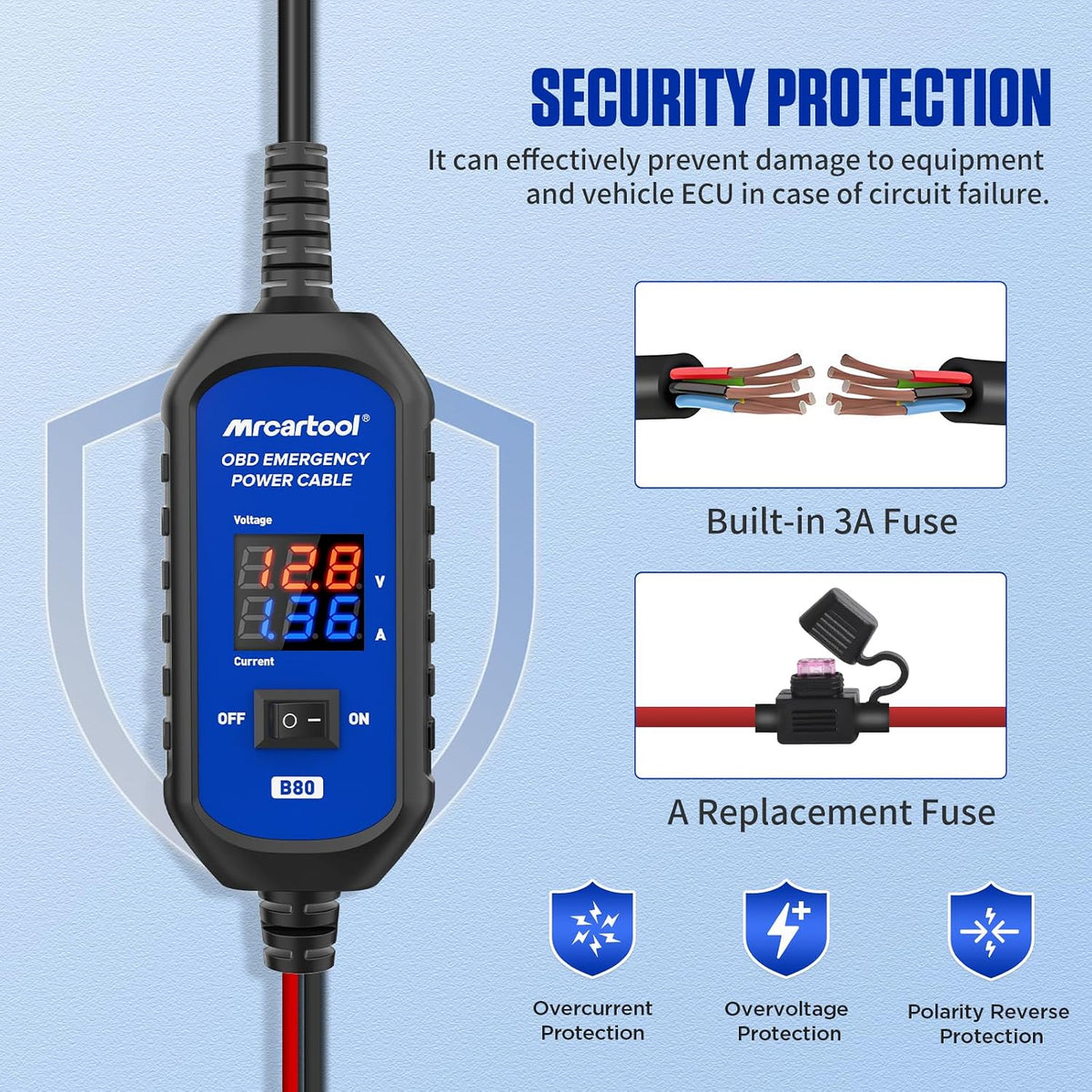 MR CARTOOL OBD2 Car Memory Saver Cable with Voltage and Current Display, Vehicle Emergency Power Supply Cable 12V withAuto Leakage Detection,2 Alligator Clips&3A Fuse