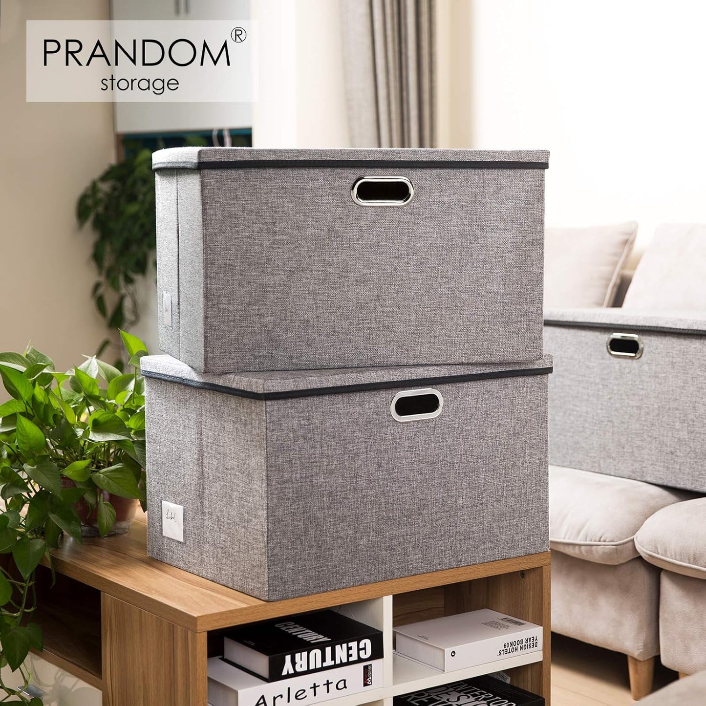 PRANDOM Large Foldable Storage Bin with Lid [1-Pack] Linen Fabric Decorative Storage Box Organizer Containers Basket Cube with Handles Divider for Bedroom Closet Office Living Room (17.7x11.8x11.8")