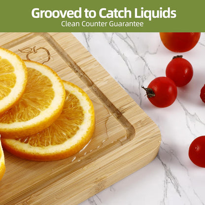 Bamboo Cutting Board for Kitchen, Bamboo Cutting Board Set of 3 with Juice Groove, Double-Sided Chopping Board Serving Board with Hanging Hole for Meat, Vegetables and Cheese