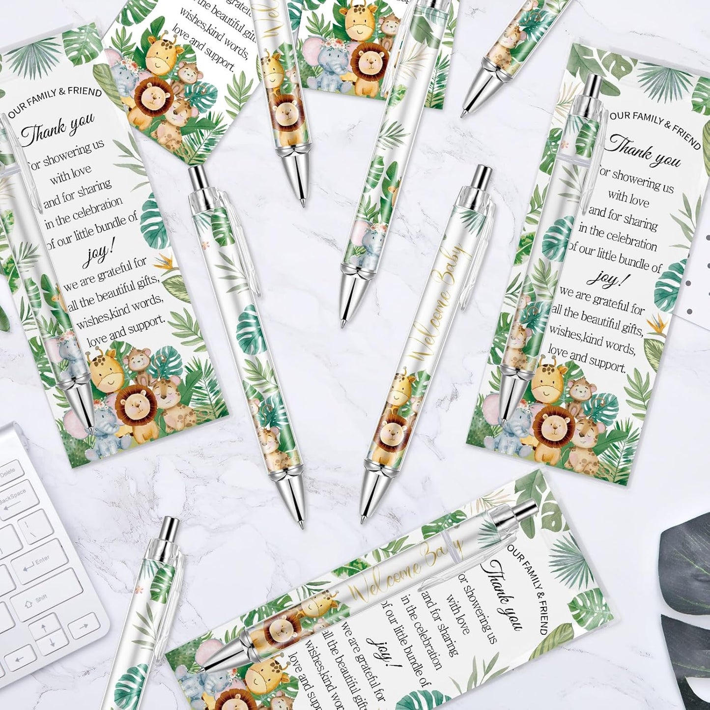 Lebsitey 50 Sets Pen Baby Shower Favors Gifts for Guests Includes 50 Rolling Paper Ballpoint Pens and 50 Greeting Thank You Bookmarks Baby Shower Party Favors (Safari)
