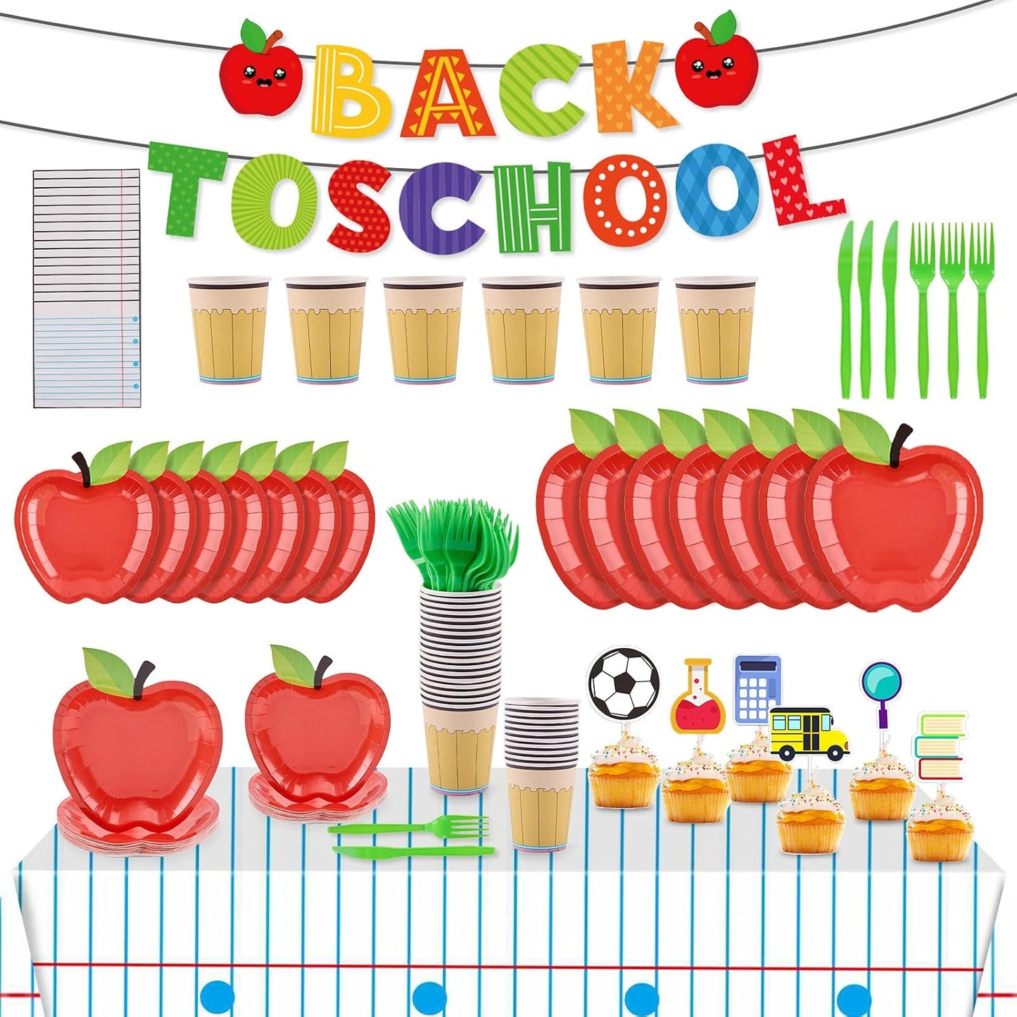 Mostop 100 Pcs Back to School Disposable Tableware Set Preschool Graduation Party Decoration Apple Paper Plate Pencil Cup and Napkins for 25 Guest First Day of School Supplies