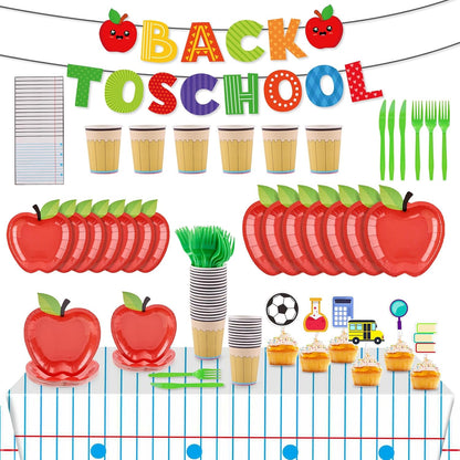 Mostop 100 Pcs Back to School Disposable Tableware Set Preschool Graduation Party Decoration Apple Paper Plate Pencil Cup and Napkins for 25 Guest First Day of School Supplies