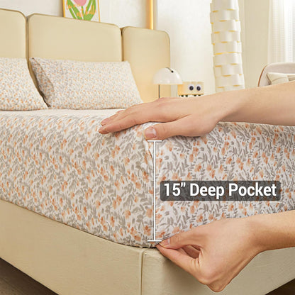 Viviland Floral Queen Sheet Set - 4 Piece Vintage Pink & Yellow Flower Patterned Bed Sheets - Soft, Breathable Microfiber Sheets with Deep Pocket, Non-Slip Fitted Sheets & Pillowcases