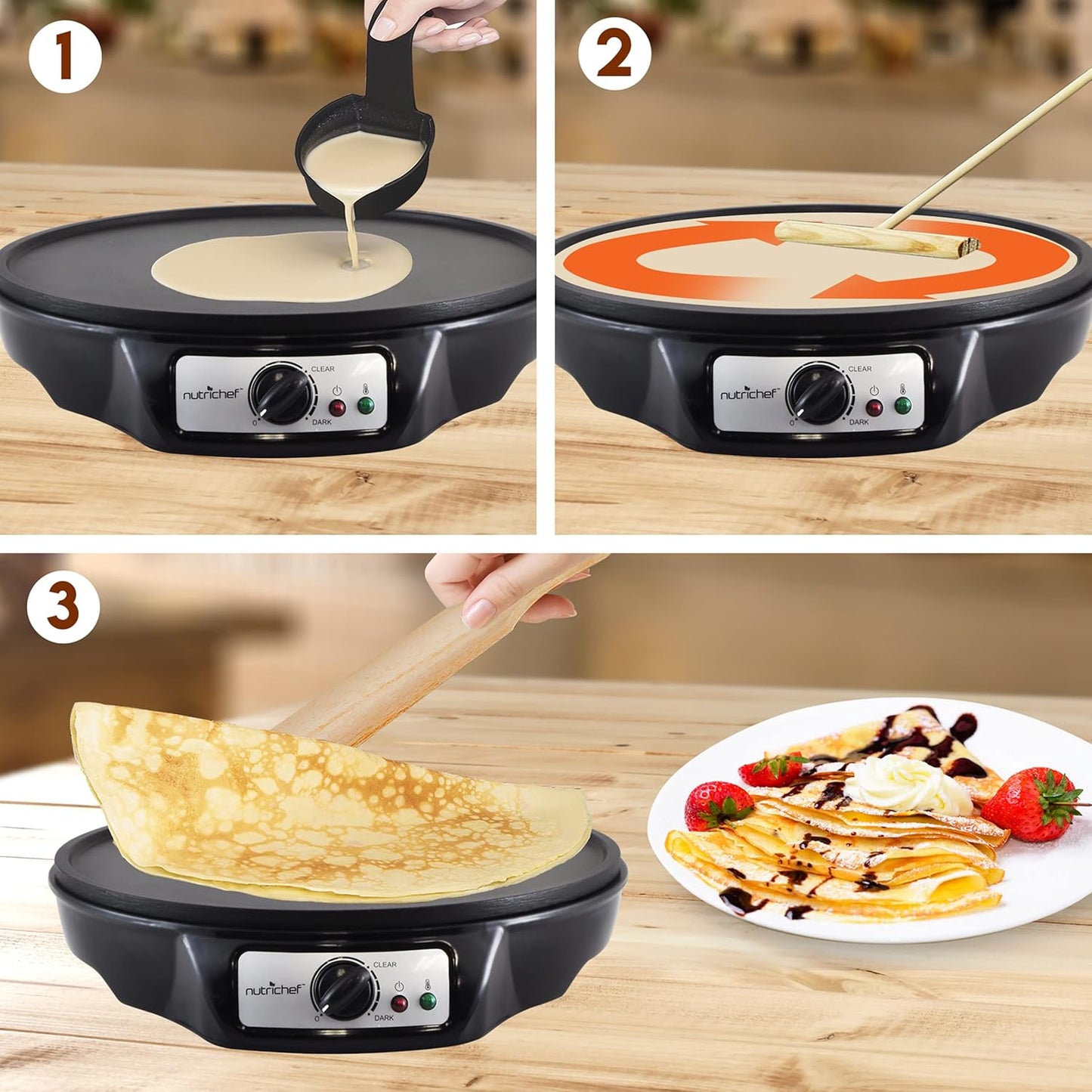 NutriChef Electric Crepe Maker, Cooks Roti, Tortillas, Pancakes, Nonstick Cooktop, 8-inch Cook Area On/Off Switch, Automatic Temperature Control & Cool Touch Handle, Includes Food Bowl, Whisk, Spatula