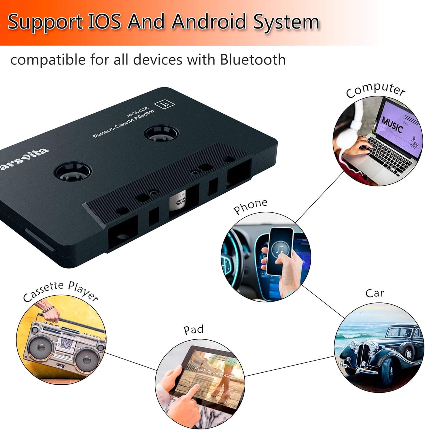 arsvita Car Audio Bluetooth Wireless Cassette Receiver, Tape Player Bluetooth 5.0 Cassette Aux Adapter, Black
