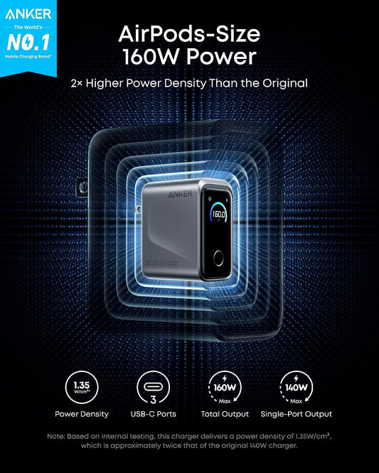 Anker Prime Charger, 160W Max 3-Port GaN Charger, for MacBook Pro Charger | Smart Display, Touch Control, Up to 140W Fast Charging for One Device,for MacBook Pro/Air, iPhone 17/16 Series,Samsung Galaxy