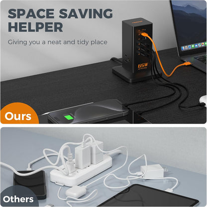 Charging Station, TESSAN 65W Max GaN USB C Charger Block, 6-Ports and 3 AC Outlets Power Tower, Fast Charging for Multiple Devices, Compatible with iPhone, Samsung and More