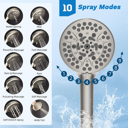 Hibbent Upgraded All Metal 10"Rainfall Showerhead Combo, High Pressure Shower Head with 10-Spray Mode Handheld, Innovative 4-way Diverter with Pause Mode, 71'' Shower Hose and Handheld Holder, Chrome