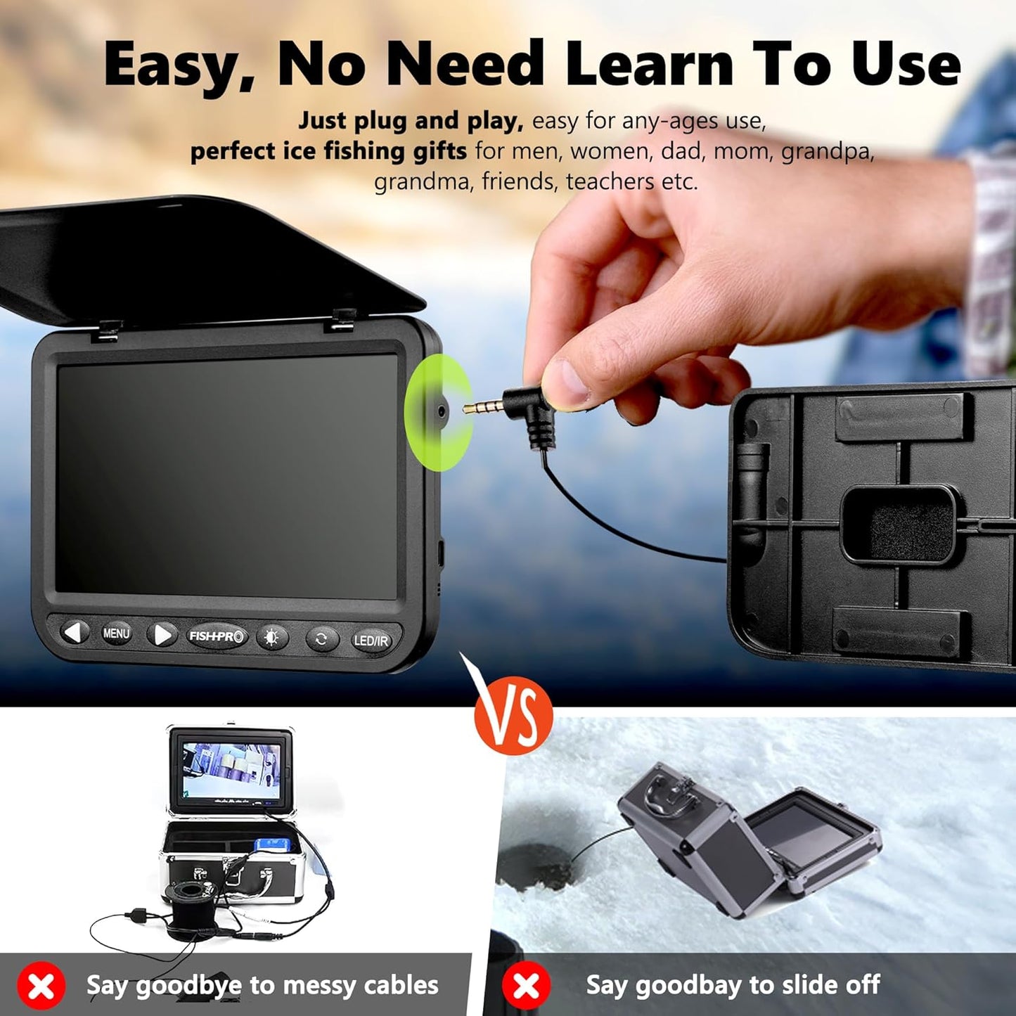 FishPRO [2024 Upgrade] 7'' Underwater Fishing Camera [HD 1080P] w/DVR -32GB, [Easy Plug & Play] Ice Fishing Camera Underwater, 10,000mAh, USB-C, IR & LED for Dark, Portable Ice Fishing Fish Finder